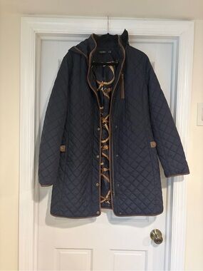 Lauren Ralph Lauren Navy Quilted Coat with Tan Trim